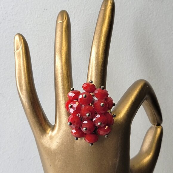 Red Crystal Bead Cluster Ring Adjustable Crystal Ring Statement Crystal Ring - Picture 1 of 6